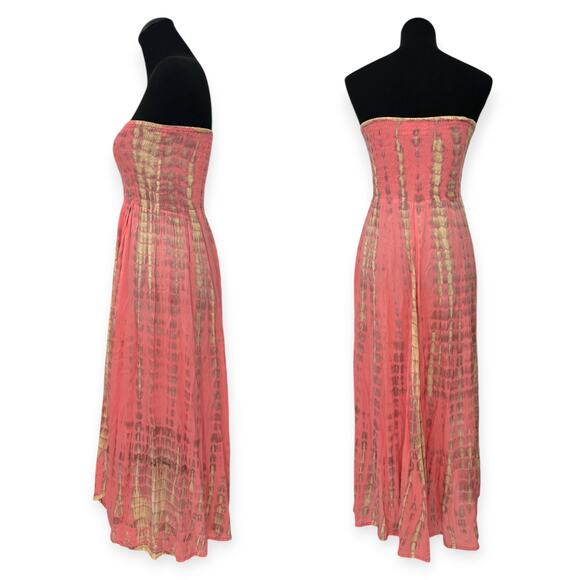Bali Queen | One Size | Coral & Cream Tie-Dye Smoked Bodice Maxi Tia Tube Dress - Picture 6 of 7